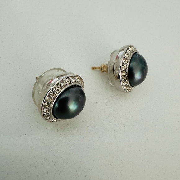 Vintage Dior Faux Tahitian Black Pearl and Rhinestone Pierced Earrings - Picture 2 of 3